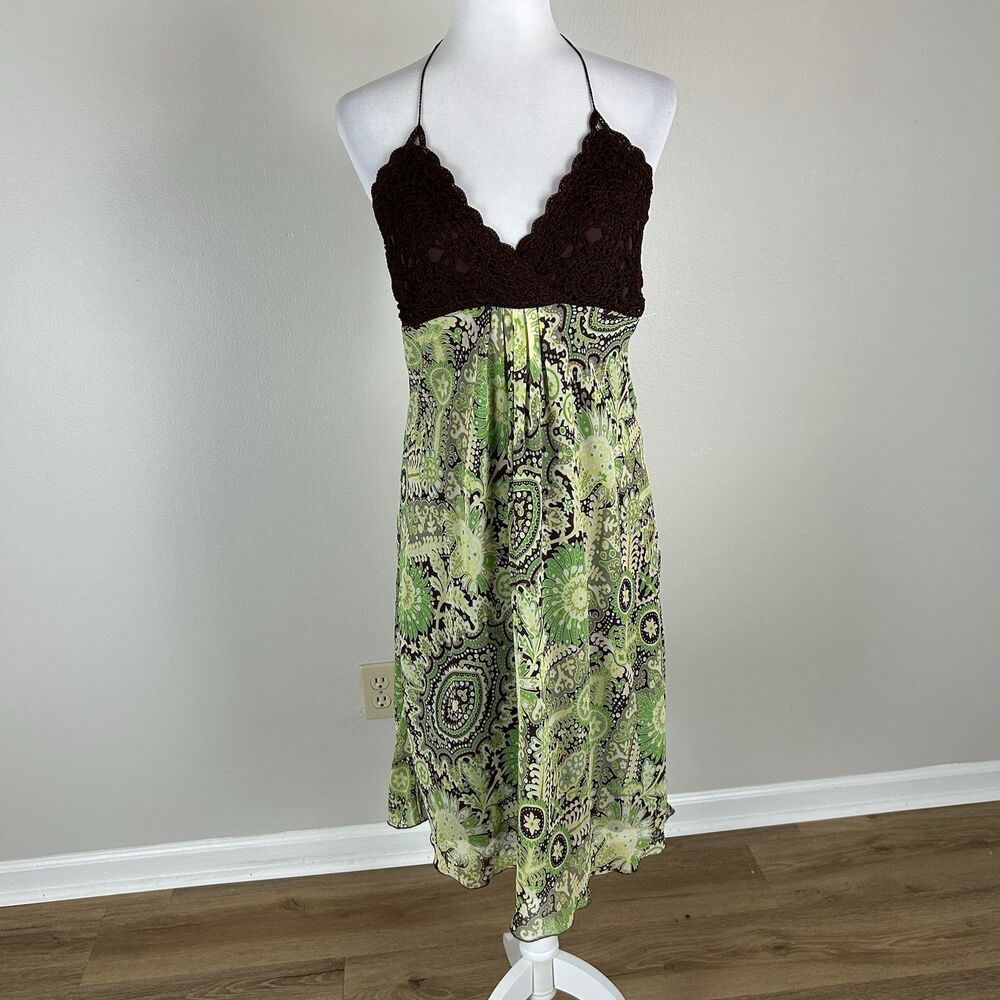 Vintage Y2K Halter Dress Midi Size M Brown Green Crochet Paisley Chiffon